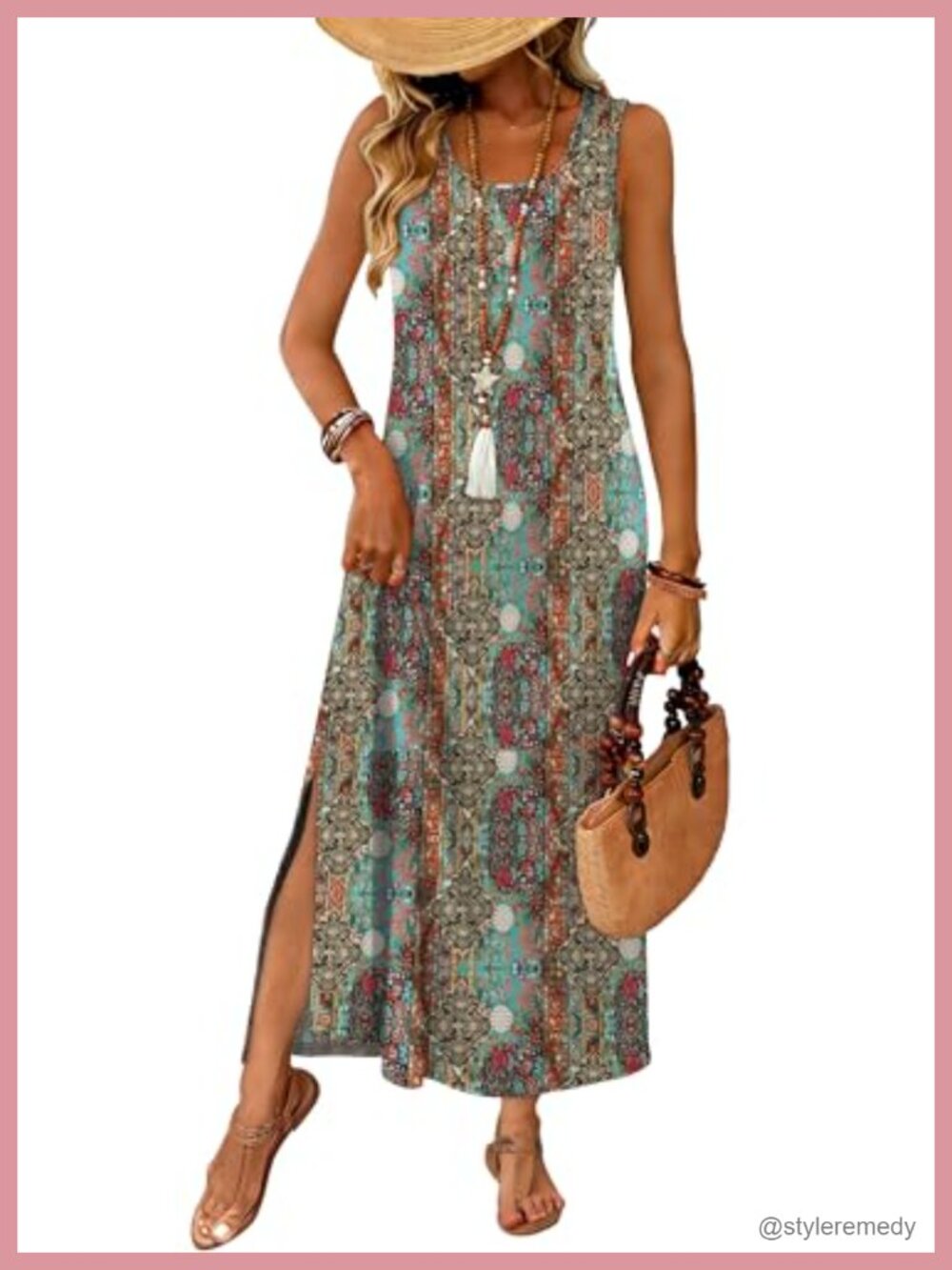 Sleeveless Maxi Dress Summer Beach Vacation Sundress with Pockets Side Slit